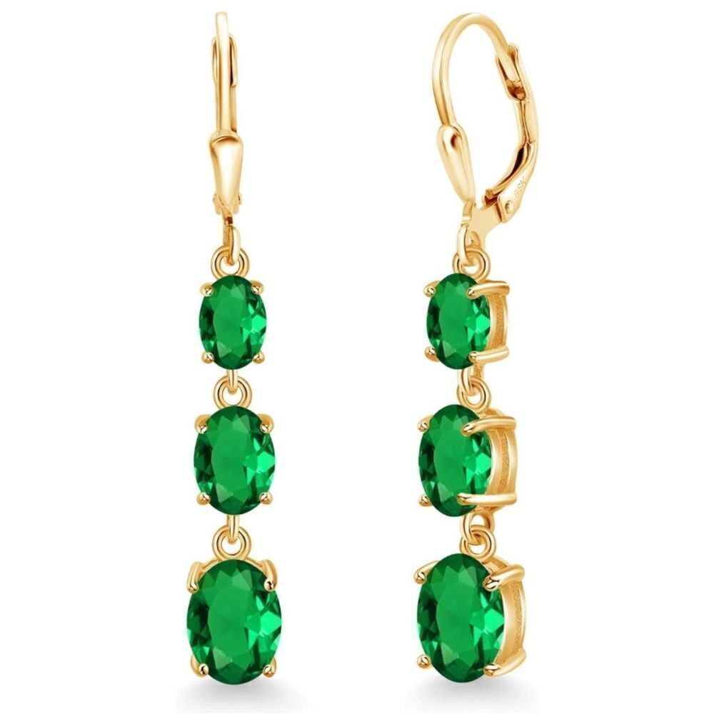 18K Yellow Gold with .50 Cttw 3 Stone Emerald Dangling Leverback Drop Earrings
